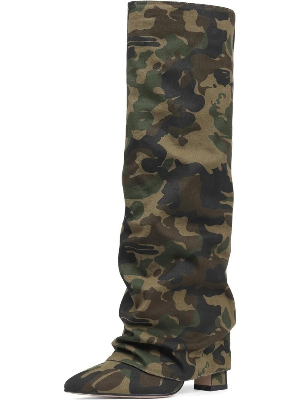 Women's Camouflage Pointed Toe Fold Over Chunky Shark Slouchy Knee High Boot